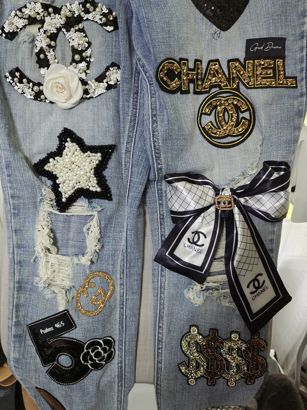 Women’s Light Blue Distressed Drama Jeans, with Chanel & Guccui Embellished